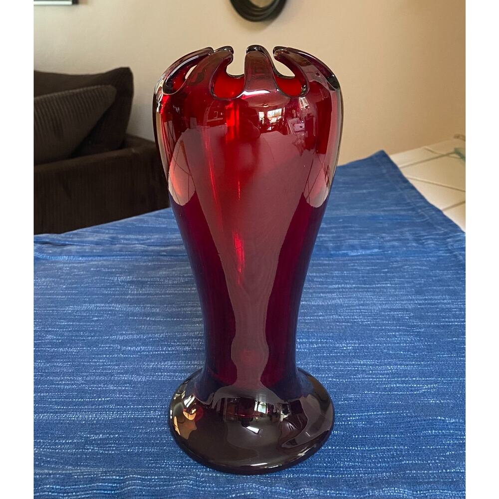 Vintage Antique Red Glass Slotted Flower Vase Art Nouveau Rare 9" 39B